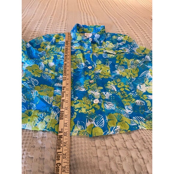 Ruby Rd. Button Down Blouse Sz 14 Turquoise Blue Lime Green Tropical Top Sheer - Picture 9 of 11